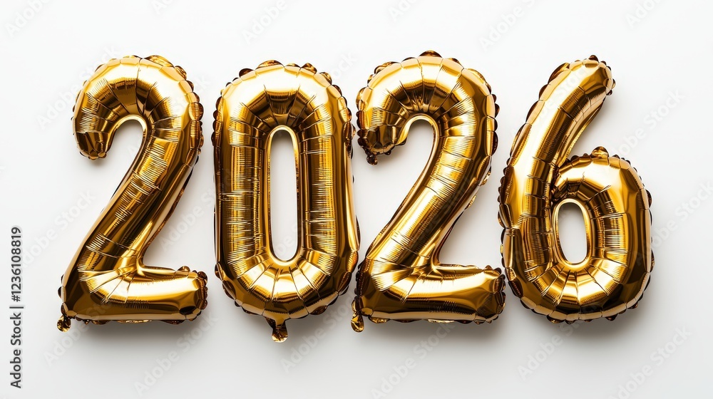 Golden Foil Balloons in the Shape of Numbers 2026 on White Background for Celebratory Events Golden Foil Balloons in the Shape of Numbers 2026 on White Background for Celebratory Events