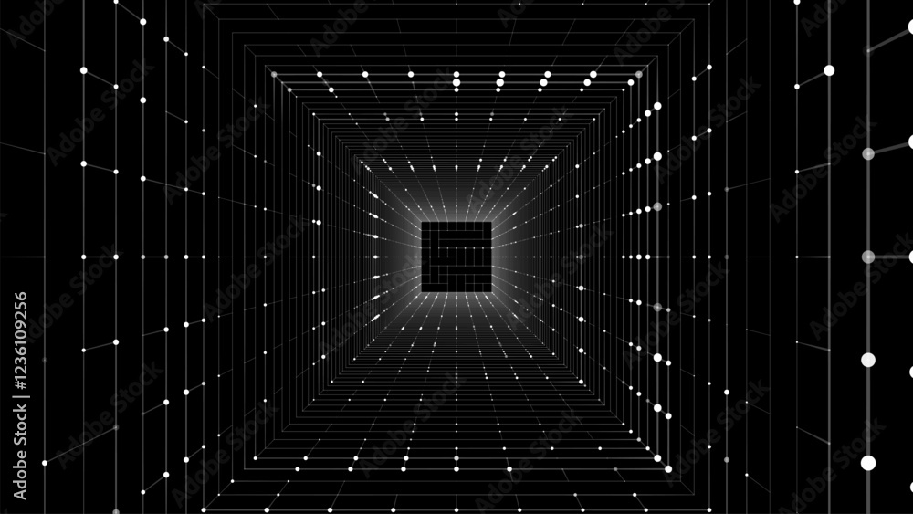Obraz premium Futuristic vector sci-fi square portal in space. 3D black ai tunnel with dots and lines. Abstract digital wormhole data. Flow particle by funnel. Fantasy circle vortex on dark background.