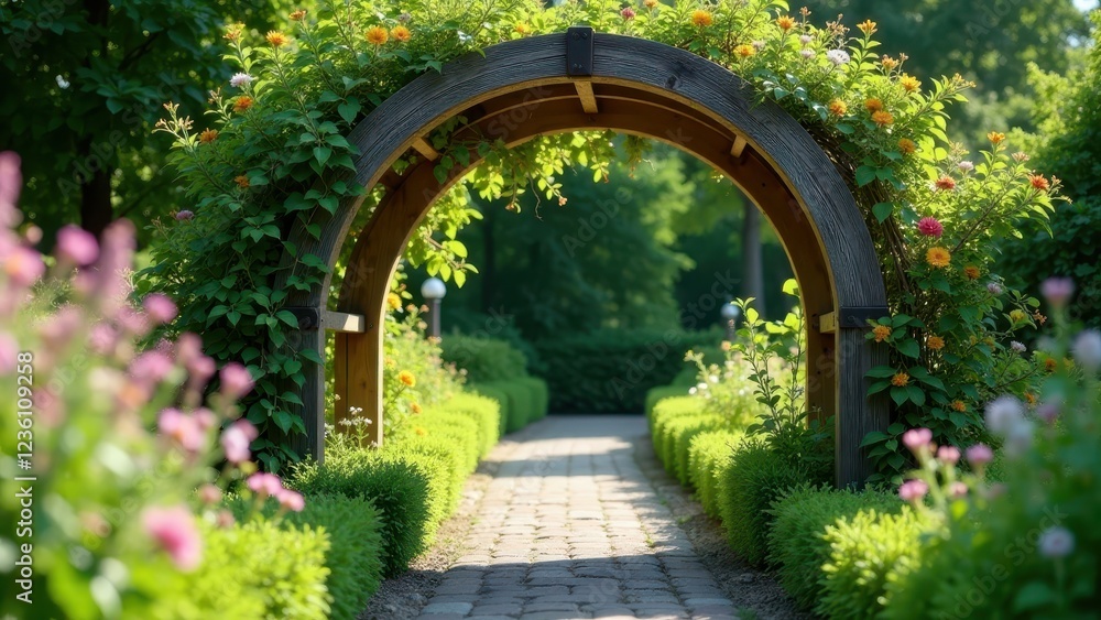 Obraz premium Serene Garden Pathway Archway with Blooming Flowers and Lush Greenery Leading to a Tranquil Destination