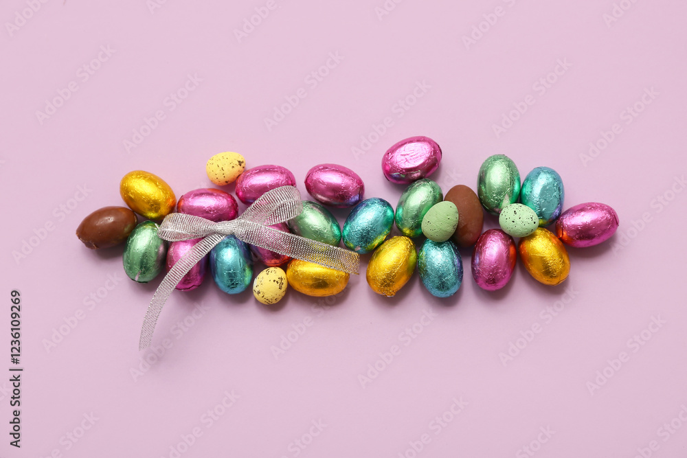 Chocolate Easter eggs in foil with bow on lilac background Chocolate Easter eggs in foil with bow on lilac background