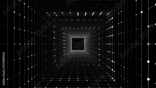 Futuristic vector sci-fi square portal in space. 3D black ai tunnel with dots and lines. Abstract digital wormhole data. Flow particle by funnel. Fantasy circle vortex on dark background.