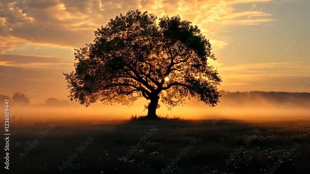 silhouette of a lone tree against sunset gradient orange blue sky twilight time silhouette of a lone tree against sunset gradient orange blue sky twilight time