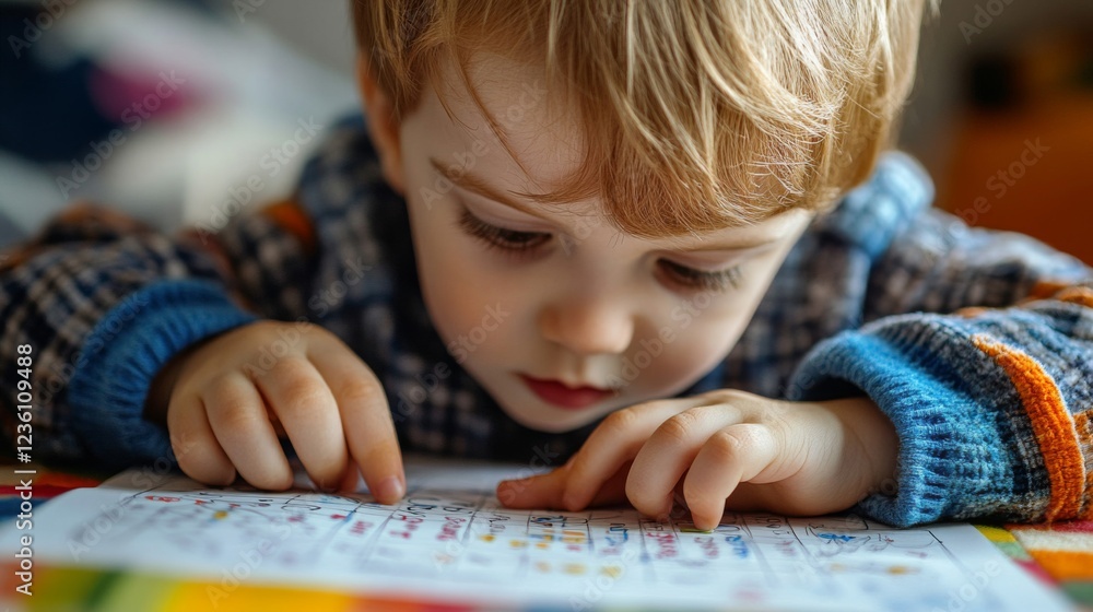 Toddler engrossed in reading a colorful book