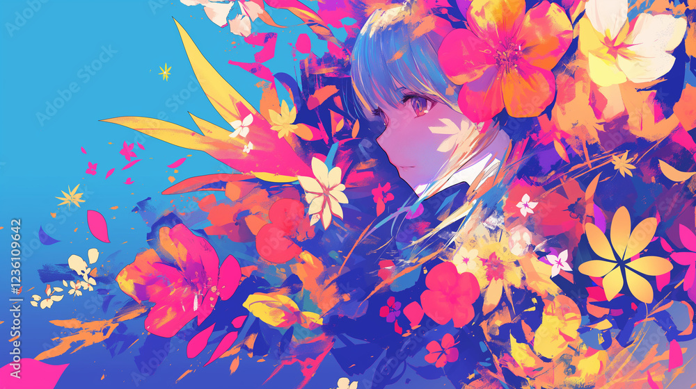 A vibrant portrait adorned with floral elements. A vibrant portrait adorned with floral elements.