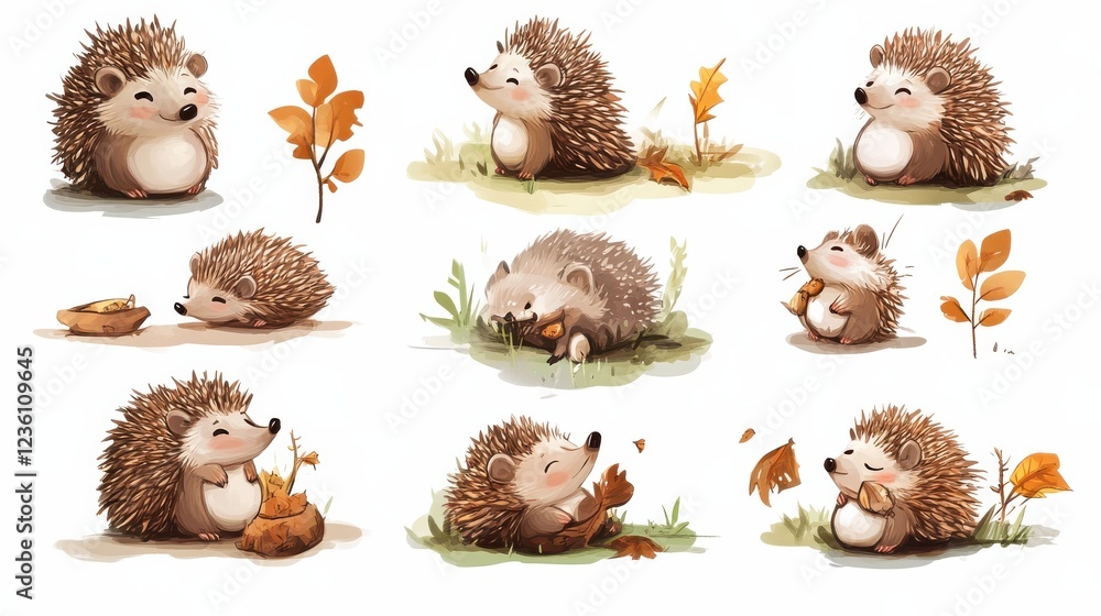 Obraz premium Cute Hedgehog Characters in Autumn Landscape with Leaves and Snacks