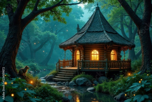 Wallpaper Mural Enchanted Woodland Cabin by a Tranquil Stream, Illuminated by Firefly Lights, a Serene Nighttime Scene Torontodigital.ca