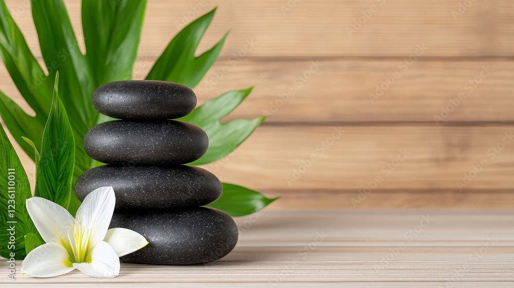 Obraz premium Serene Spa Still Life Black Stones, White Lily, and Green Leaves on Wood