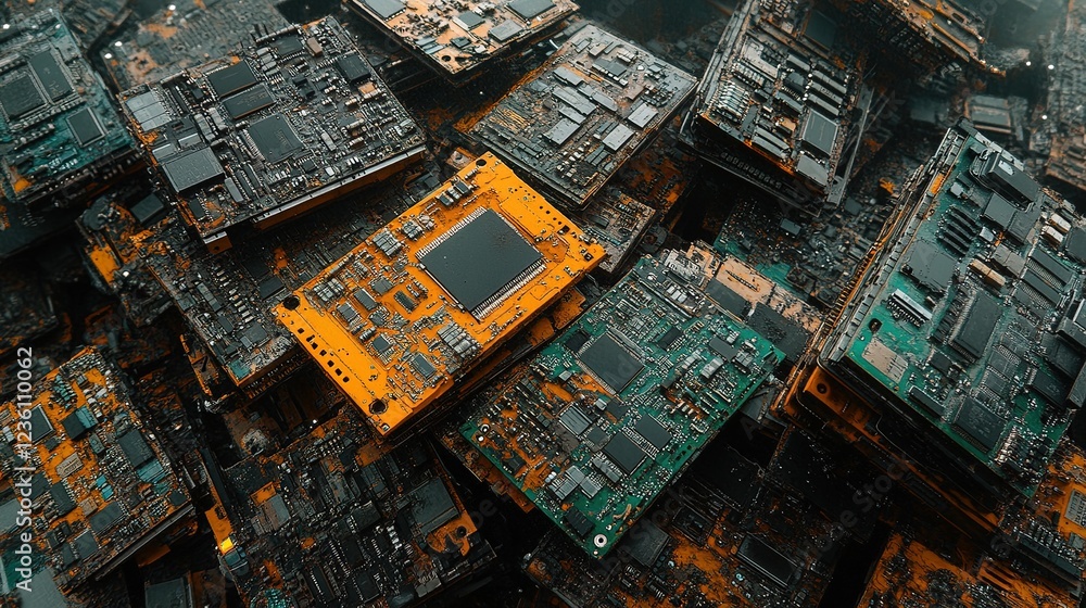 Close-up of circuit boards and electronics stacked in a pile, gritty texture and deep colors 