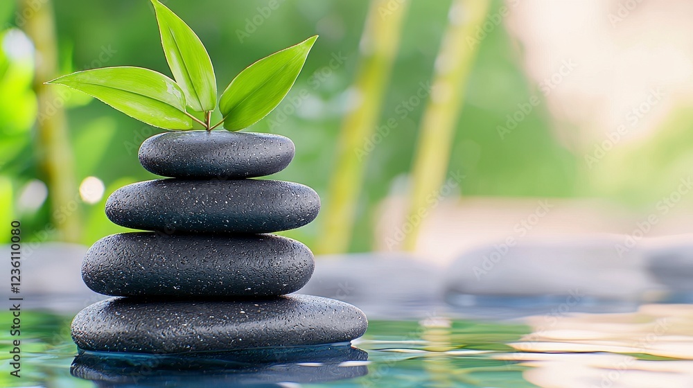 Obraz premium Serene Stack of Dark Gray Stones with Green Leaves in Tranquil Water