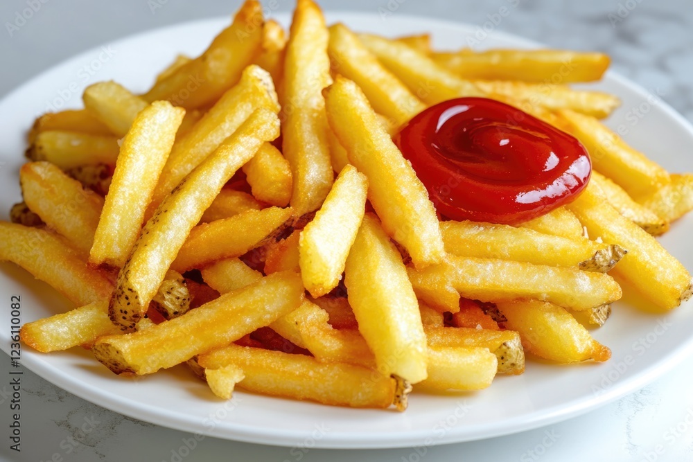 A white plate topped with French fries and ketchup A white plate topped with French fries and ketchup