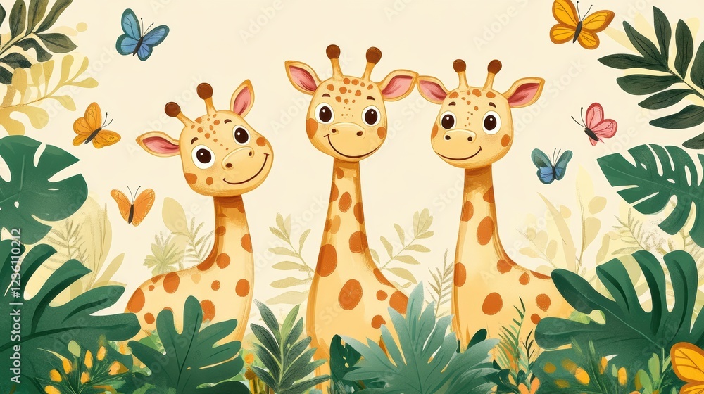 Naklejka premium Cheerful Cartoon Giraffes Among Tropical Foliage and Butterflies