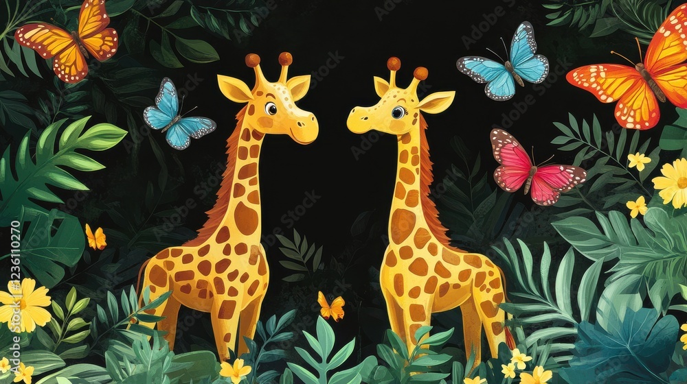 Fototapeta premium Two Giraffes Surrounded by Colorful Butterflies and Greenery