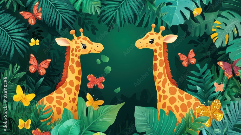 Obraz premium Playful Giraffes Surrounded by Lush Greenery and Colorful Butterflies
