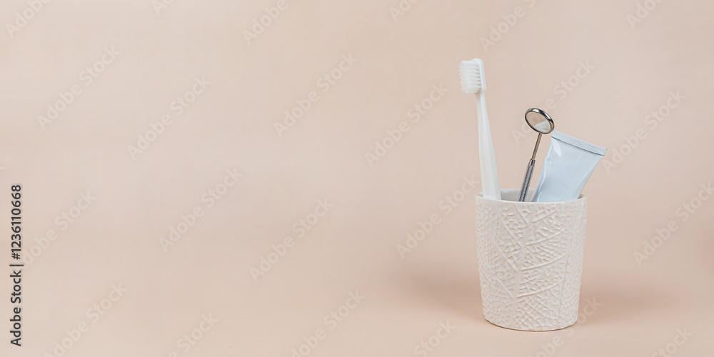 Obraz premium Oral hygiene banner. Toothbrush, dental mirror and toothpaste in the container on a light background. The concept of a healthy lifestyle, self-care, dentistry and dental clinic, oral health. 