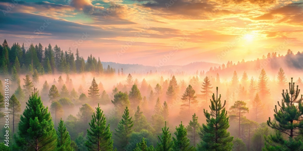 Golden rays pierce through a misty forest canopy, illuminating the verdant trees and casting a magical glow on the landscape. Golden rays pierce through a misty forest canopy, illuminating the verdant trees and casting a magical glow on the landscape.