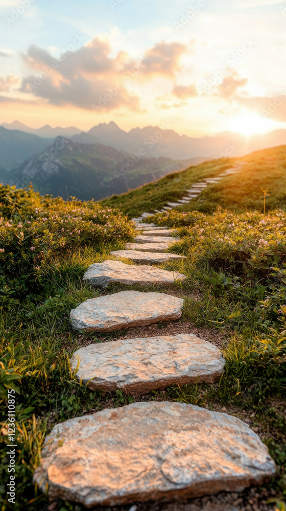 Scenic mountain pathway at sunset with rocky trail and lush greenery Scenic mountain pathway at sunset with rocky trail and lush greenery
