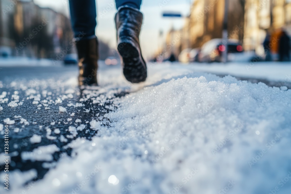 Selective focus on technical salt grains on icy sidewalk surface in wintertime, used for melting ice and snow. Applying salt to keep roads clear and people safe in winter weather from ice or snow Selective focus on technical salt grains on icy sidewalk surface in wintertime, used for melting ice and snow. Applying salt to keep roads clear and people safe in winter weather from ice or snow