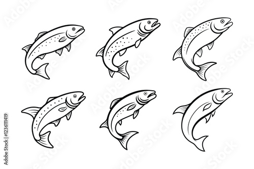 trout fish design, labeled line art vector silhouette illustration.