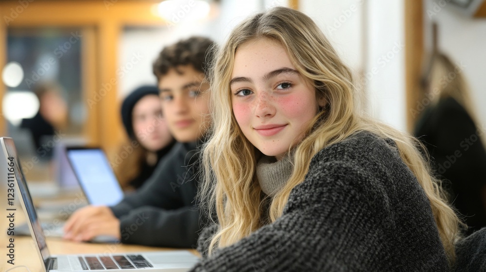 Smiling Teenager Studying with Friends in Classroom Smiling Teenager Studying with Friends in Classroom