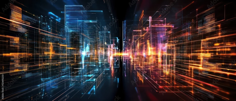 Fototapeta premium Abstract digital cityscape with glowing lights and motion