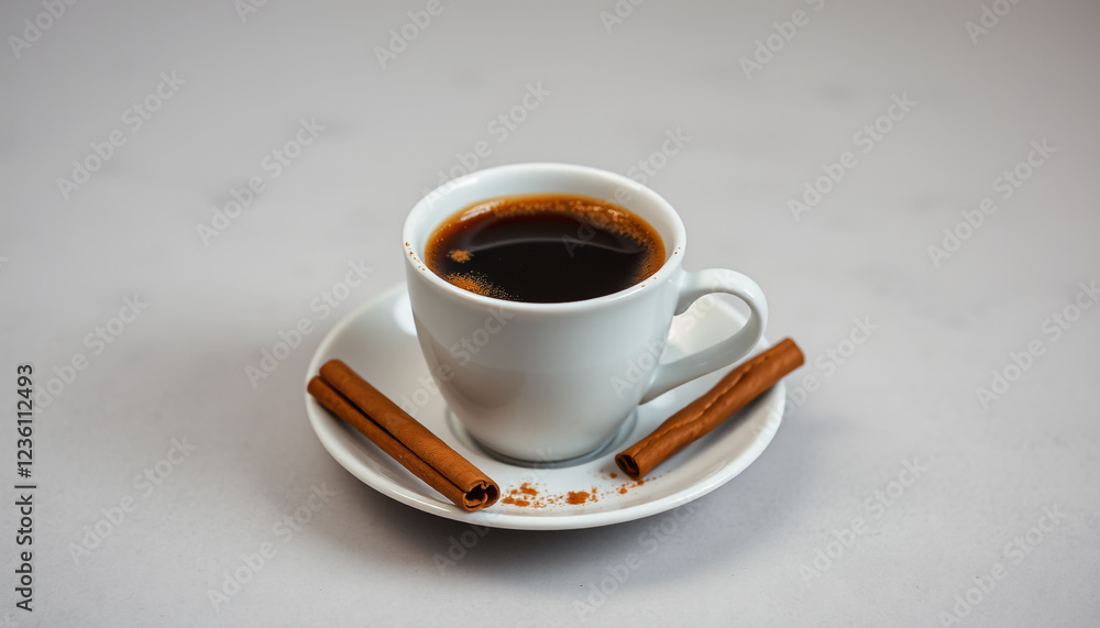 A classic cup of black coffee served with a cinnamon stick on a white ceramic plate placed on a marble countertop, creating a simple and elegant coffee presentation. A classic cup of black coffee served with a cinnamon stick on a white ceramic plate placed on a marble countertop, creating a simple and elegant coffee presentation.