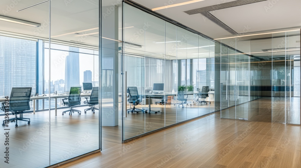 Modern workspace corner in a spacious apartment, separated by a transparent glass partition. Modern workspace corner in a spacious apartment, separated by a transparent glass partition.