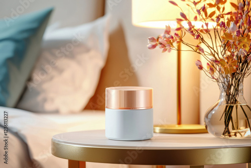 Luxurious night cream jar on elegant bedroom nightstand decorated with flowers