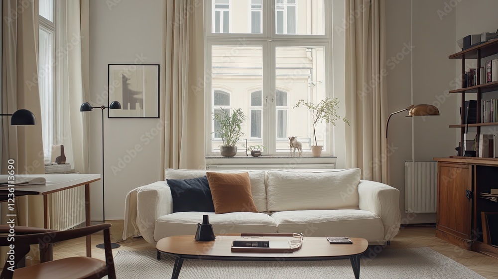 Neutral-toned living room with a modular desk setup, perfect for both relaxation and productivity. Neutral-toned living room with a modular desk setup, perfect for both relaxation and productivity.