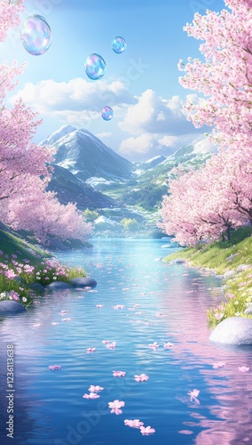 Magical Spring Cherry Blossom River Landscape with Floating Bubbles and Mountain View