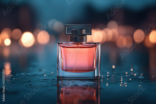 Elegant perfume bottle with blurred city lights and rainy reflections