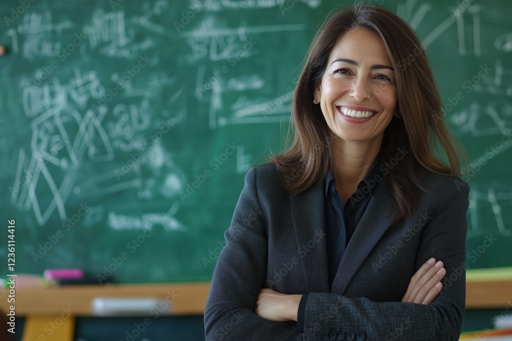 A smiling woman teacher stands near a blackboard in a classroom A smiling woman teacher stands near a blackboard in a classroom