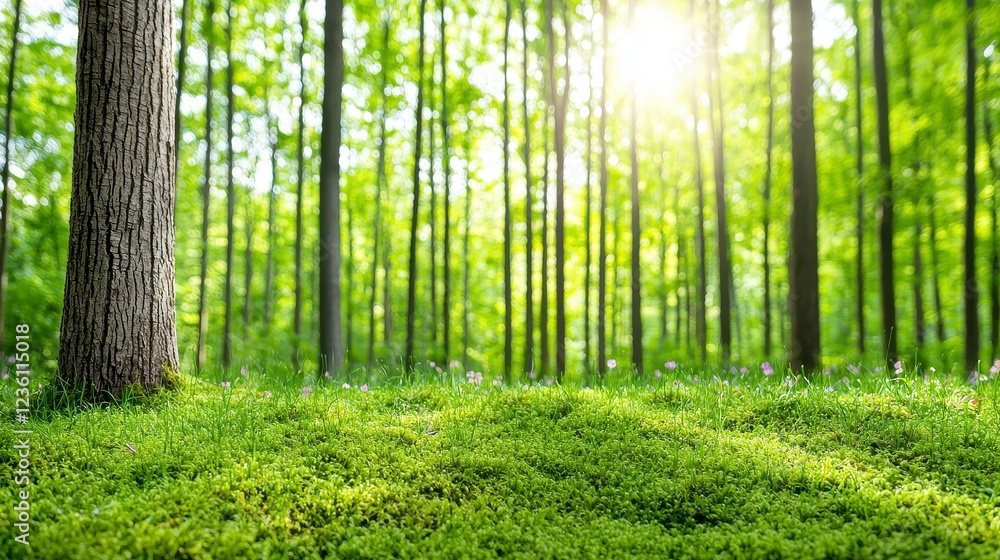 Sunlit Green Forest With Lush Foliage And Wildflowers Sunlit Green Forest With Lush Foliage And Wildflowers