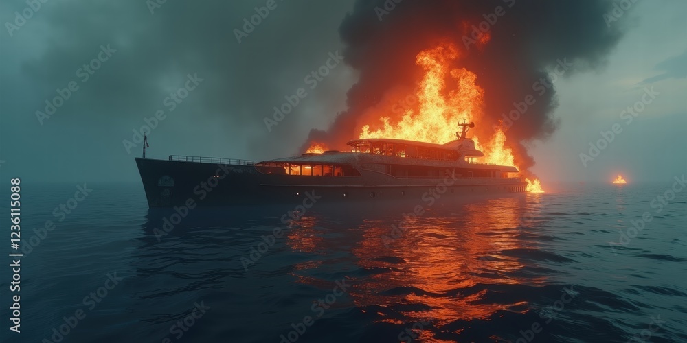 Obraz premium A dramatic scene of a shipwreck, featuring a burning vessel engulfed in flames against a smoky backdrop, illustrating the dangers of maritime travel and fire.