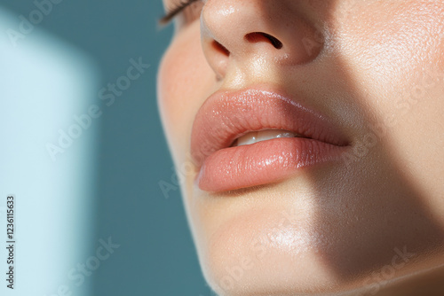 Close-up of caucasian female adult with glossy lips and clear skin in natural light