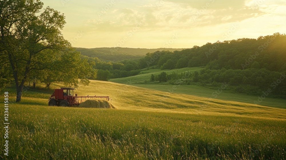 A serene landscape with a tractor working in a golden-lit field at sunset. A serene landscape with a tractor working in a golden-lit field at sunset.