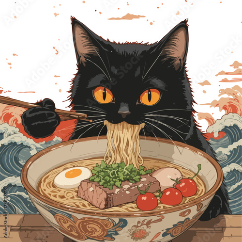 Black cat with striking orange eyes eating ramen from large bowl. Generative AI.
