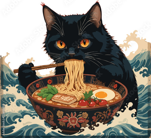 Black cat with striking orange eyes eating ramen from large bowl. Generative AI.