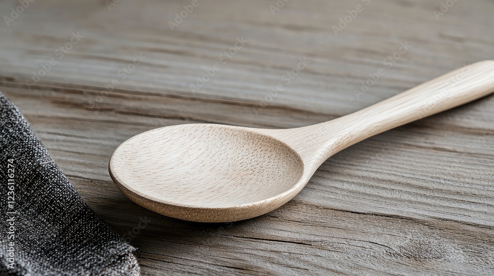 Wooden spoon on rustic table, linen cloth nearby, kitchen setting, cooking utensil Wooden spoon on rustic table, linen cloth nearby, kitchen setting, cooking utensil