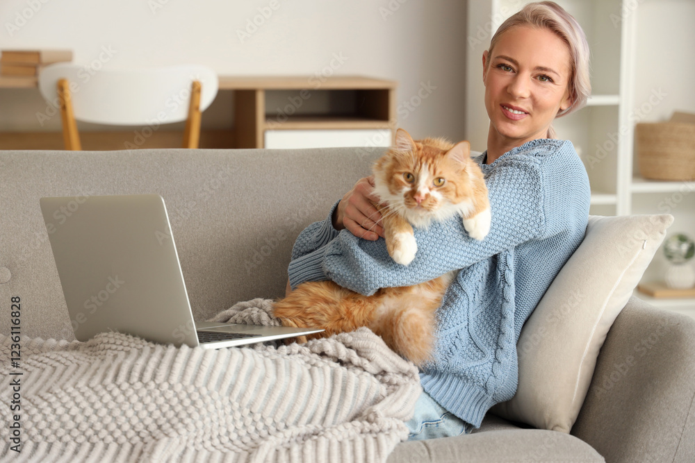 Beautiful woman with cute cat and laptop lying on sofa at home Beautiful woman with cute cat and laptop lying on sofa at home