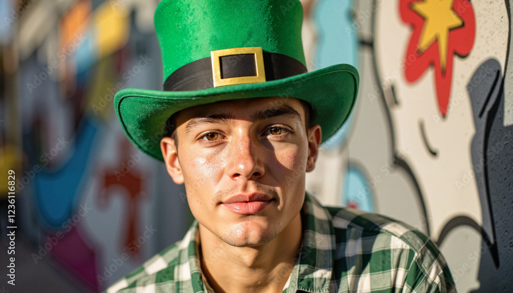 Young man wearing leprechaun hat against urban mural, festive spirit