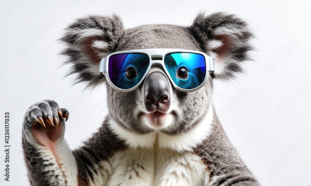 Stylish koala wearing sunglasses with blue reflection on white background Stylish koala wearing sunglasses with blue reflection on white background
