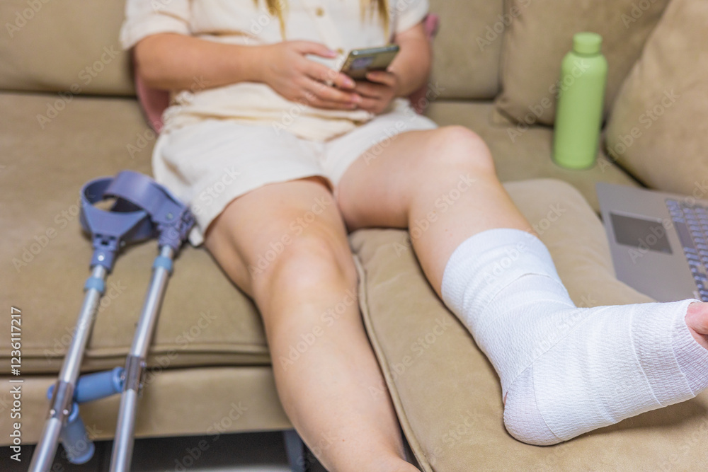 Fototapeta premium Resting with an injured leg, working from home with a laptop and smartphone, embracing self-care and recovery