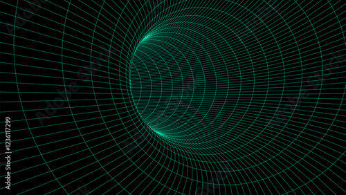 Futuristic vector sci-fi circle portal in space. 3D green ai tunnel with dots and lines. Abstract digital wormhole data. Flow particle by funnel. Fantasy circle vortex on dark background.
