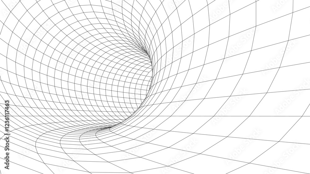 Obraz premium Futuristic vector sci-fi circle portal in space. 3D white ai tunnel with dots and lines. Abstract digital wormhole data. Flow particle by funnel. Fantasy circle vortex on dark background.