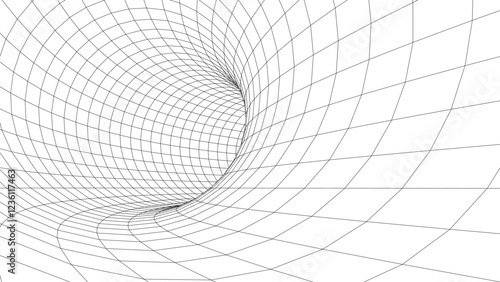 Futuristic vector sci-fi circle portal in space. 3D white ai tunnel with dots and lines. Abstract digital wormhole data. Flow particle by funnel. Fantasy circle vortex on dark background.