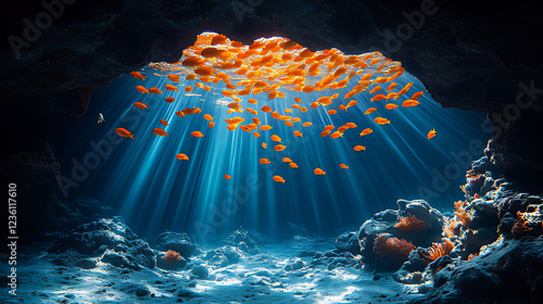 Underwater cave, fish schooling, sunlight beams, coral reef, ocean scene photo