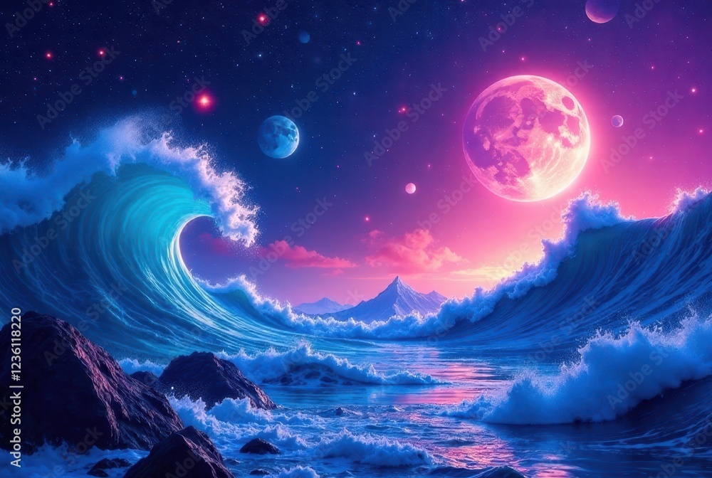 Oceanic Waves Crashing Under a Vibrant Celestial Display of Pink and Blue Moons and Stars Oceanic Waves Crashing Under a Vibrant Celestial Display of Pink and Blue Moons and Stars