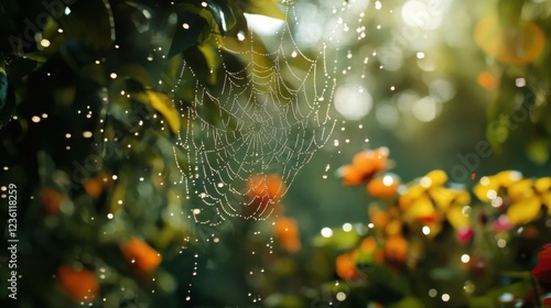 Morning dew on a spider web among colorful flowers