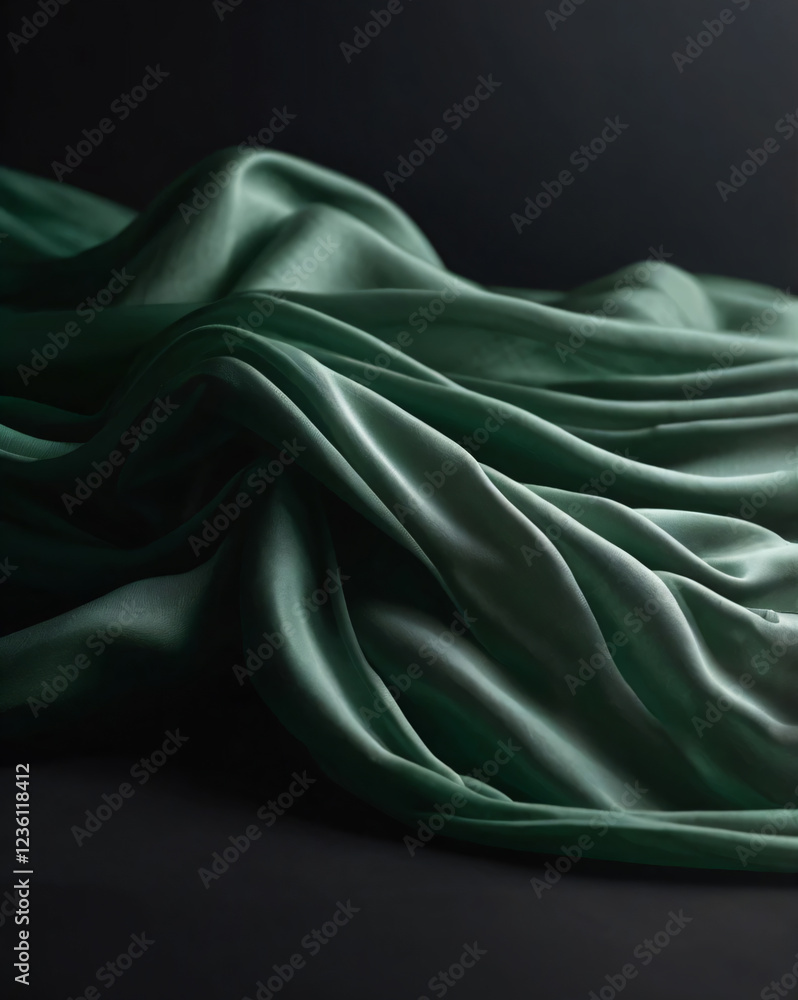 Fototapeta premium Green silk drapes elegantly with subtle patterns.