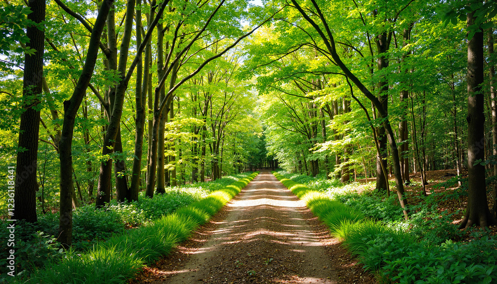 Lush green forest path with dappled sunlight, nature's tranquility Lush green forest path with dappled sunlight, nature's tranquility